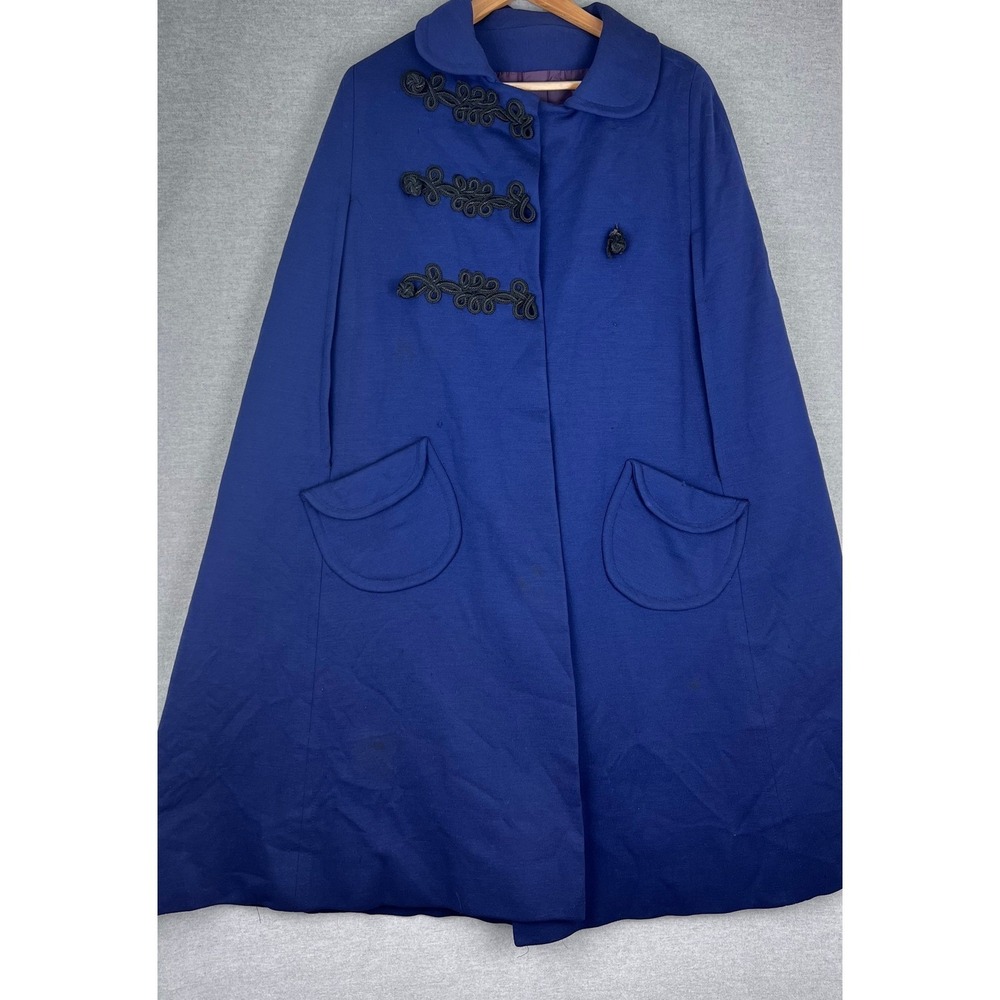 Vintage Royal Blue Cape Coat Military Frog Closure Ombre Lining Peter Pan Collar